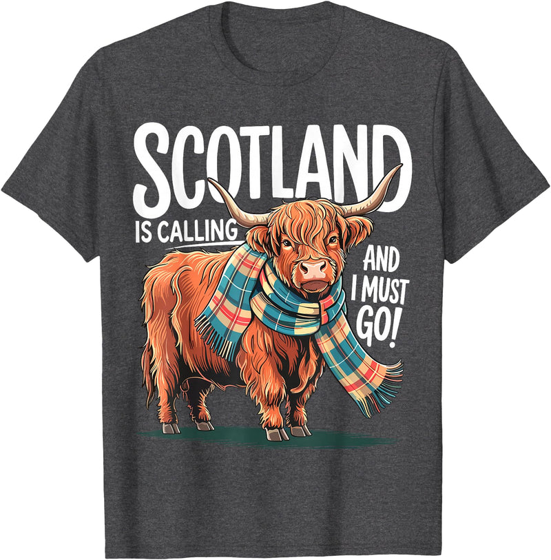 Funny Scottish Highland Cow Scotland is Calling and I Must go Scottish Highland Cow T-Shirt - Dark Heather Grey