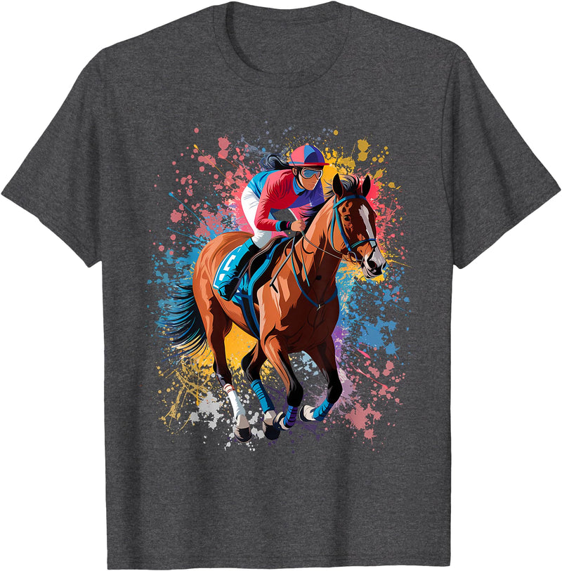 Horse Lover Gift Co. Colorful Jockey Girl on Womens Horse Racing T-Shirt - Dark Heather Grey