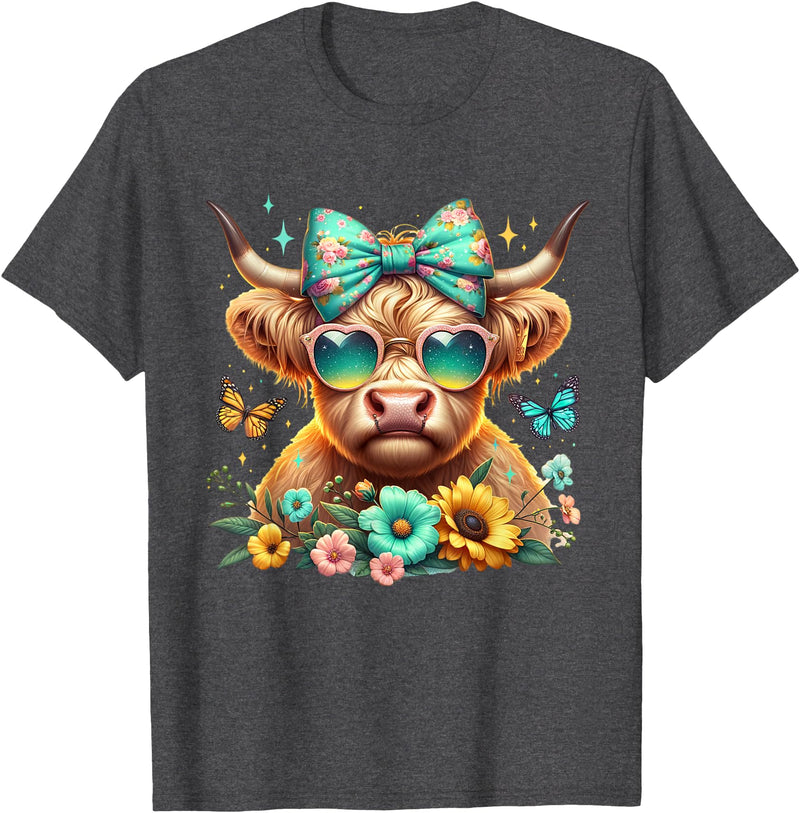 Highland Cow Land of NYC Highland Cow Mama Floral Bow Glasses Butterfly Orange Teal T-Shirt - Dark Heather Grey