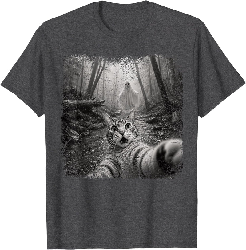Halloween Ghost Cat Selfie Forest Lat Halloween Ghost Cat Forest Selfie Scared Men Women Kid T-Shirt - Dark Heather Grey