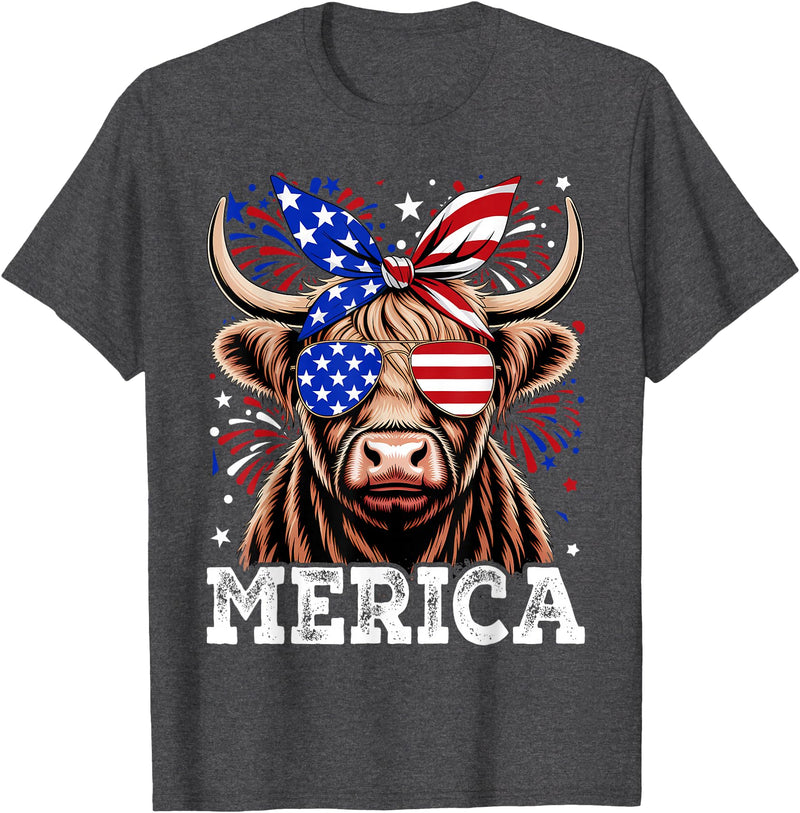 Highland Cow Lover Gift Co. 4th Of July Highland Cow Merica American Farm Men Women T-Shirt - Dark Heather Grey