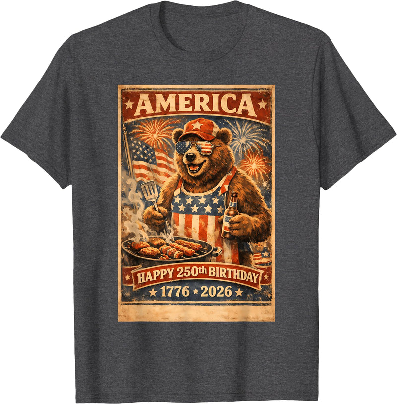 USA Birthday 250th American Spirit Tees All Ages Celebrate 250 Years with Fun Bear BBQ Graphic T-Shirt - Dark Heather Grey