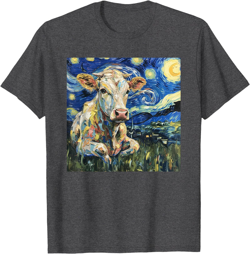 Cow Lover Co. Cow Van Gogh Style Starry Night T-Shirt - Dark Heather Grey
