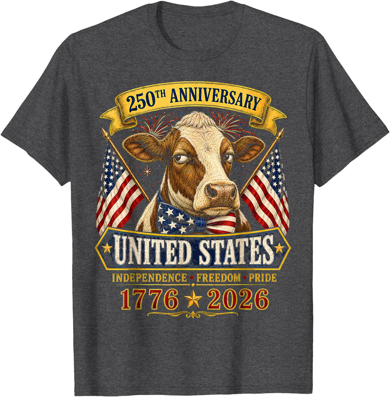 Patriotic 250 Years of Freedom 1776-2026 250 Years America Cow Patriotic USA 4th of July T-Shirt - Dark Heather Grey
