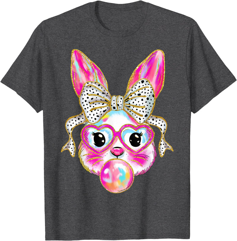 Cute Easter Bunny Bubble Gum Coquette Bow for Girls Women T-Shirt in Dark Heather Grey