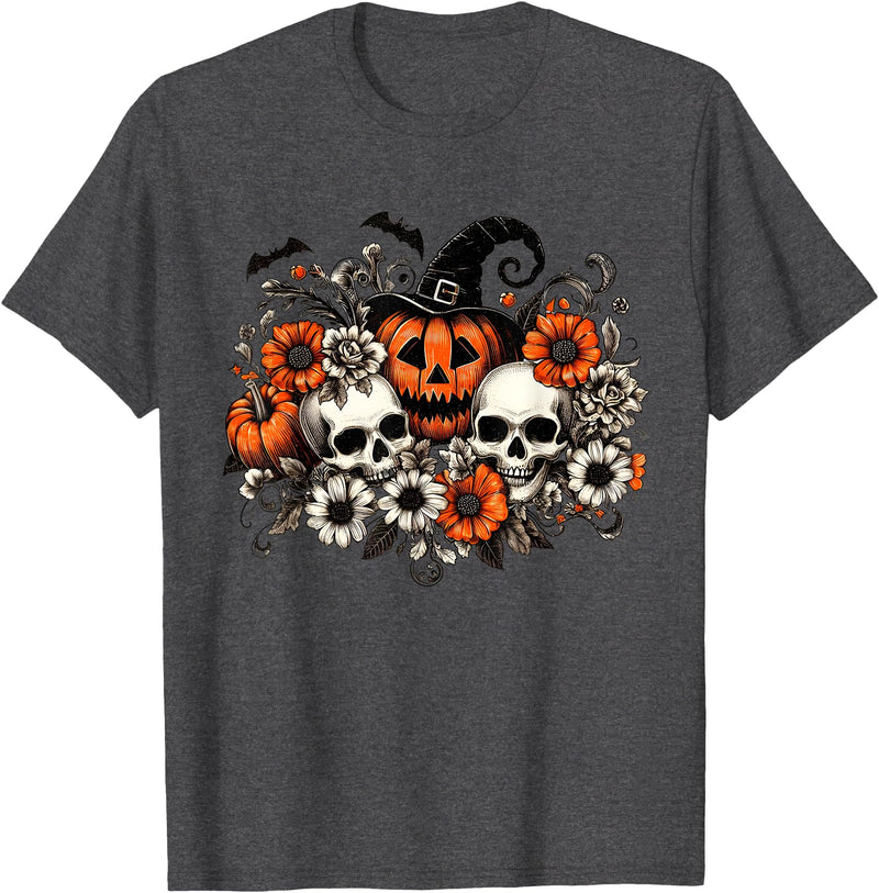Scary Halloween Skull Pumpkin Halloween Vintage Skull Pumpkin Flowers T-Shirt - Dark Heather Grey