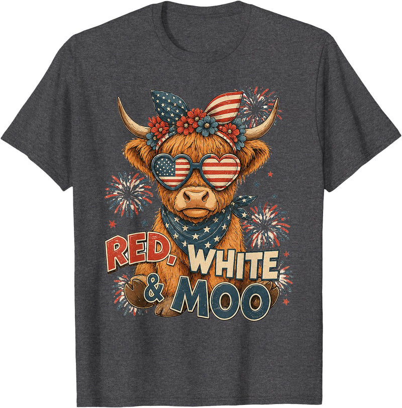 Red White and Moo Highland Cow 4th July 250 Years Patriotic T-Shirt - Dark Heather Grey