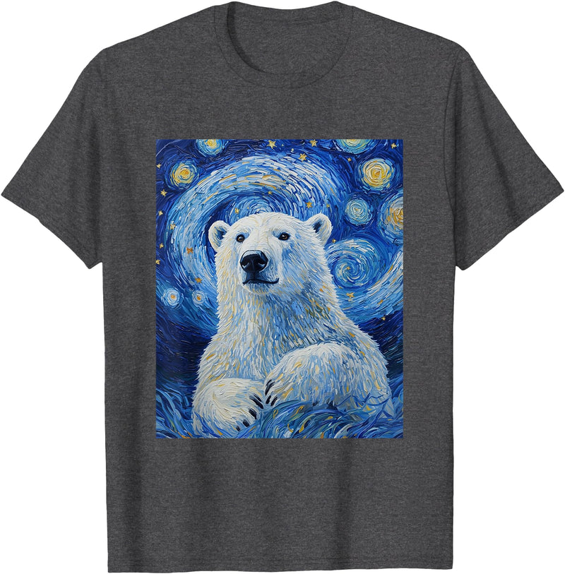 Bear Designs. Cute Polar Bear Van Gogh Style Starry Night Graphic T-Shirt - Dark Heather Grey
