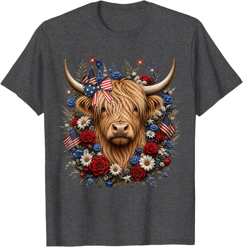 Funny July 4th Highland Cow Farm Lovers Highland Cow Florals 4th of July USA Flag Patriotic Women T-Shirt - Dark Heather Grey