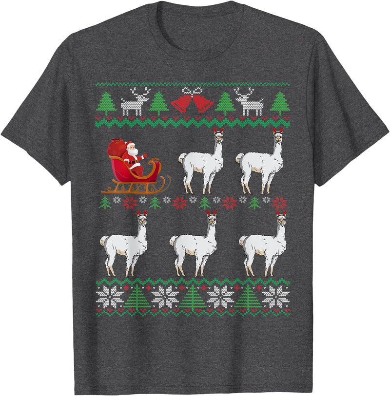 Parabolic Christmas Llama Pulling Santa Sleigh Funny Llama Lover Ugly Christmas T-Shirt - Dark Heather Grey