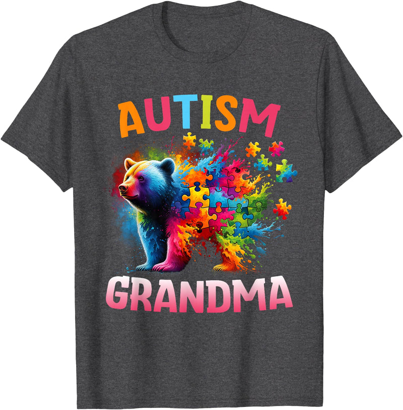 Colorful Rainbow Family Bear Autism Awareness Autism Grandma Colorful Rainbow Grandma Bear Autism T-Shirt - Dark Heather Grey
