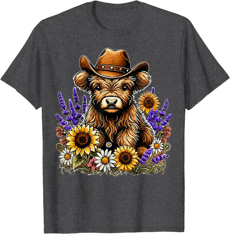 Funny Scottish Highland Cow Highland Cow Cowboy Hat Sunflower Wildflower Country Western T-Shirt - Dark Heather Grey