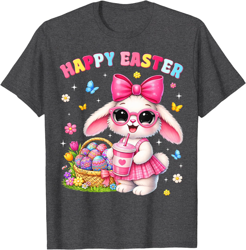 Happy Easter Coquette Easter Egg Rabbit Bunny Women Girl Kid T-Shirt in Dark Heather Grey