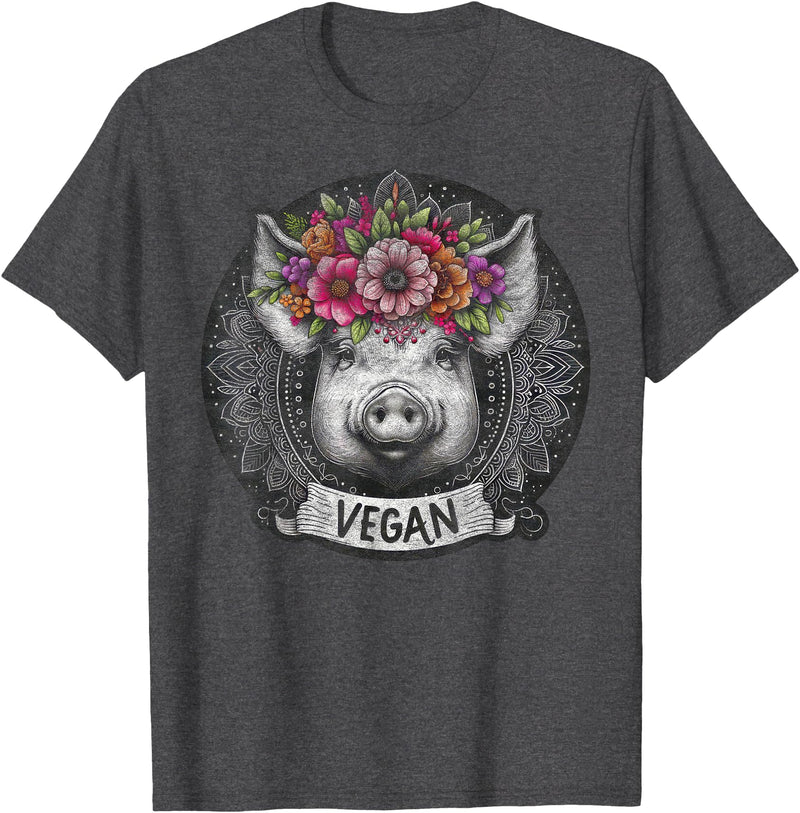 Pig with Flowers Vegan Retro Products Pig with Flowers Vegan Retro – Boho Hippie Cute T-Shirt - Dark Heather Grey