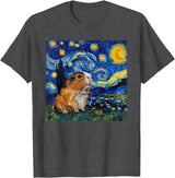 Guinea Pig Lover Co. Guinea Pig Van Gogh Style Starry Night Graphic T-Shirt - Dark Heather Grey