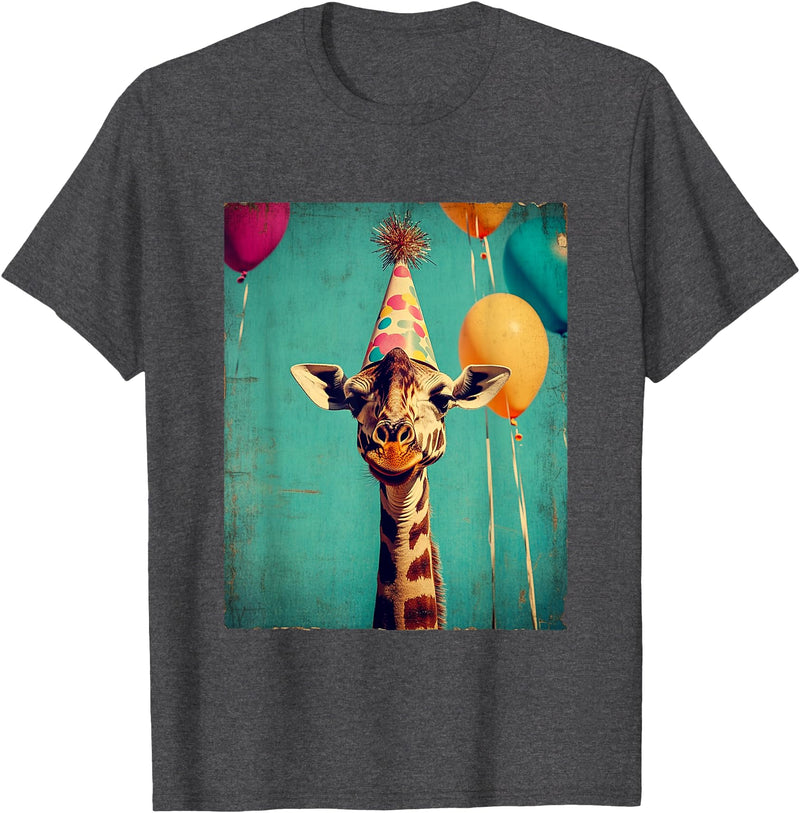 Giraffe Animal Zoo Birthday Party Apparel Unisex-Kids Retro Art Print Giraffe Birthday Party T-Shirt Black Short Sleeve Small - Dark Heather Grey