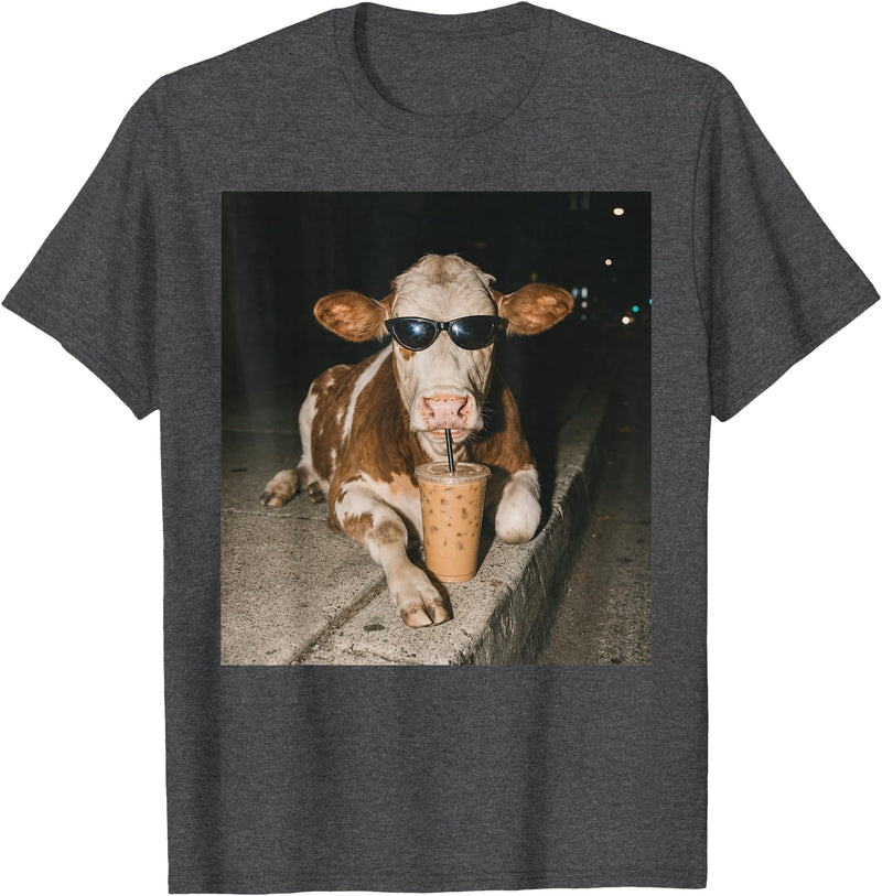 Funny Cow Drinking Iced Coffee Meme Cow Drinking Iced Coffee Funny Animal Meme Tee T-Shirt - Dark Heather Grey