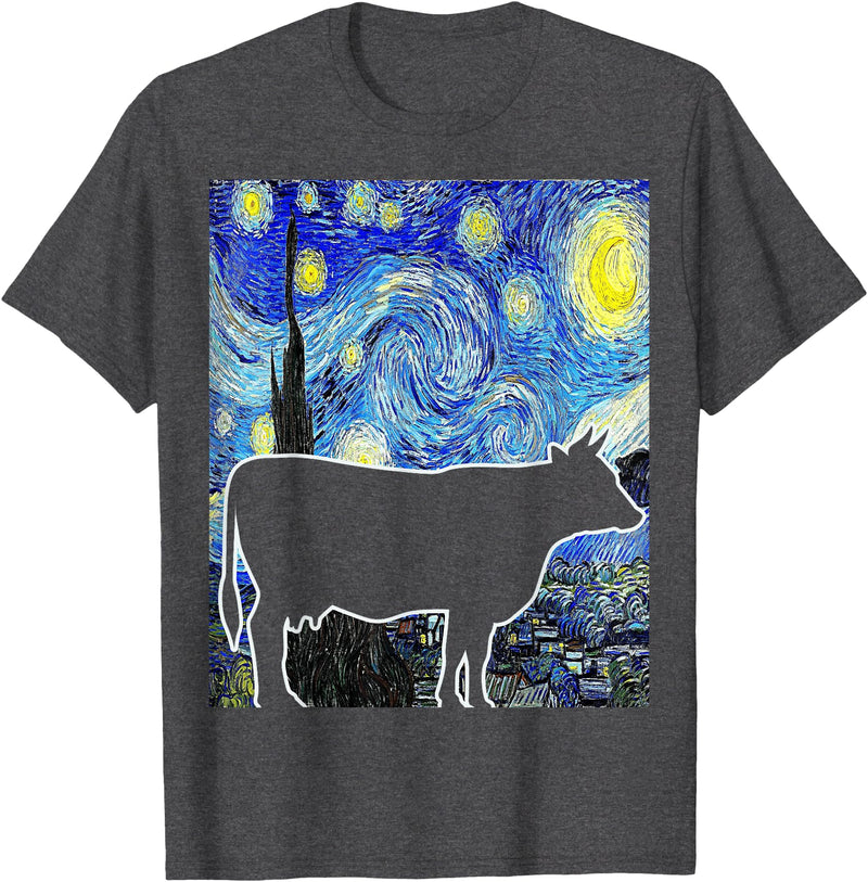 Funny Cow Van Gogh Famous Painting Cow Starry Night Van Gogh Funny Cow Farmer T-Shirt - Dark Heather Grey