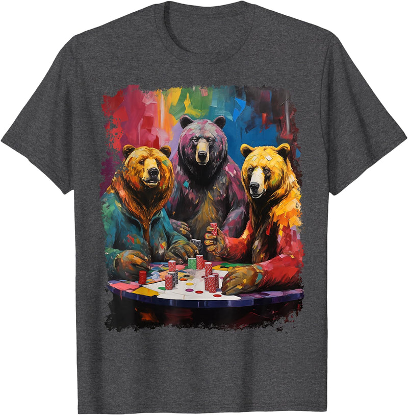 Noah&Friends Playing Card Pop Art Gambling Bears Playing Poker Cards T-Shirt - Dark Heather Grey