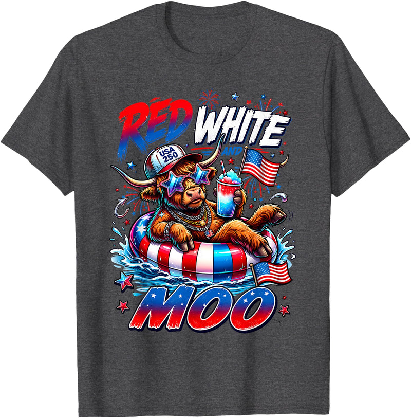 Cute Red White Moo Highland Cow 4th July Summer Red White and Moo Highland Cow 4th July 250 Years Patriotic T-Shirt - Dark