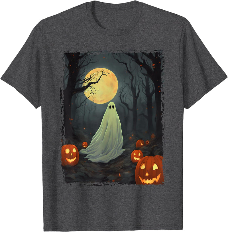 Dibble Dabble Designs Halloween Vintage Ghost in Gothic Forest Full Moon Halloween T-Shirt - Dark Heather Grey