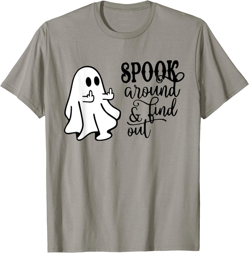 Funny Halloween joke shirt Spook around & find out funny middle finger ghost Halloween T-Shirt - Slate Grey