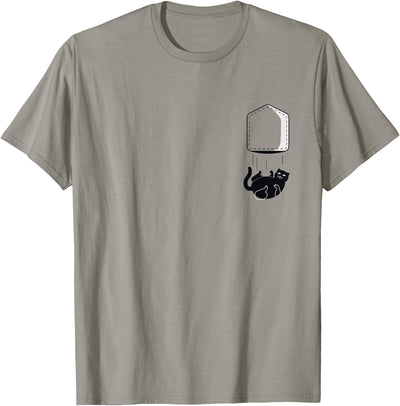 funny black cat in pocket and falls cat humor T-Shirt - Grey, Unisex-Adults and Kids, Cat Humor, Cat Lovers, Short Sleeve, Classic Fit, Cotton, Polyester, Small