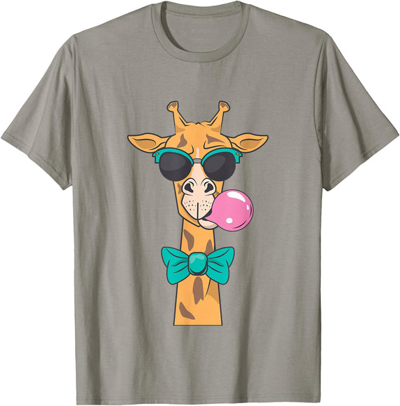Giraffe Lover's African Animals Wildlife Safari Giraffe Blowing Bubble Gum with Sunglasses Bowtie Cute Boy's T-Shirt - Slate Grey