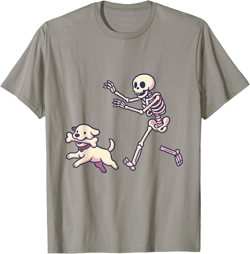 Funny Skeleton Dog Bone Halloween Kawaii Dog Steals Bone from Skeleton Running Halloween T-Shirt - Slate Grey