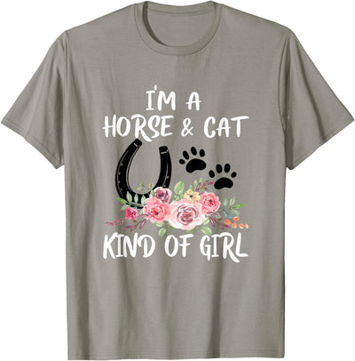 Horse-riding and Cat-Pet Gifts I Am Horse & Cat Kind Of Girl Horseshoe Paws T-Shirt