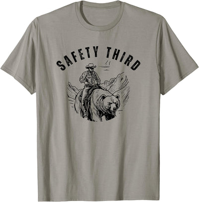 Safety Third Cowboy Riding Bear Humorous Graphic T-Shirt