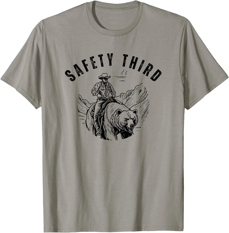 Exteevaganza Safety Third Cowboy Riding Bear Humorous Graphic T-Shirt - Slate Grey