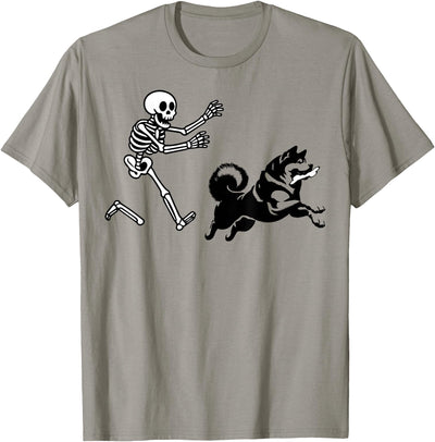 akita mom messy bun hair tee Funny Akita Running Skeleton Halloween T-Shirt