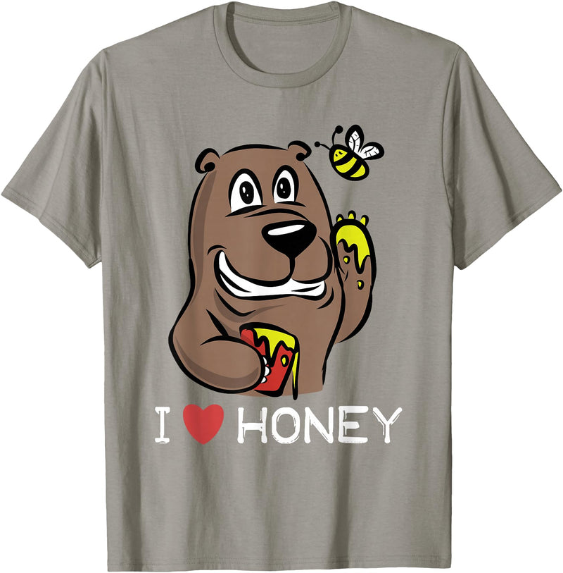 Honey Comb Tees I Love Honey T-shirt Bear and Bee Eating - Slate Grey