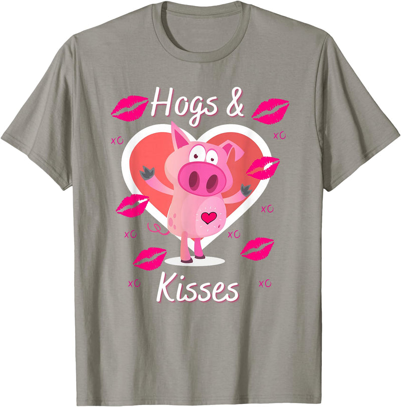 Love Heart Hogs & Kisses Funny Pig Pun on Hugs & Kisses T-Shirt - Slate Grey