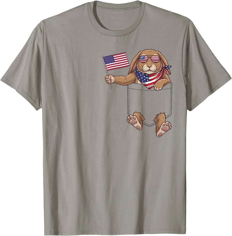 Rabbit Pocket Patriotic American Flag 4th of July USA T-Shirt in Slate Grey