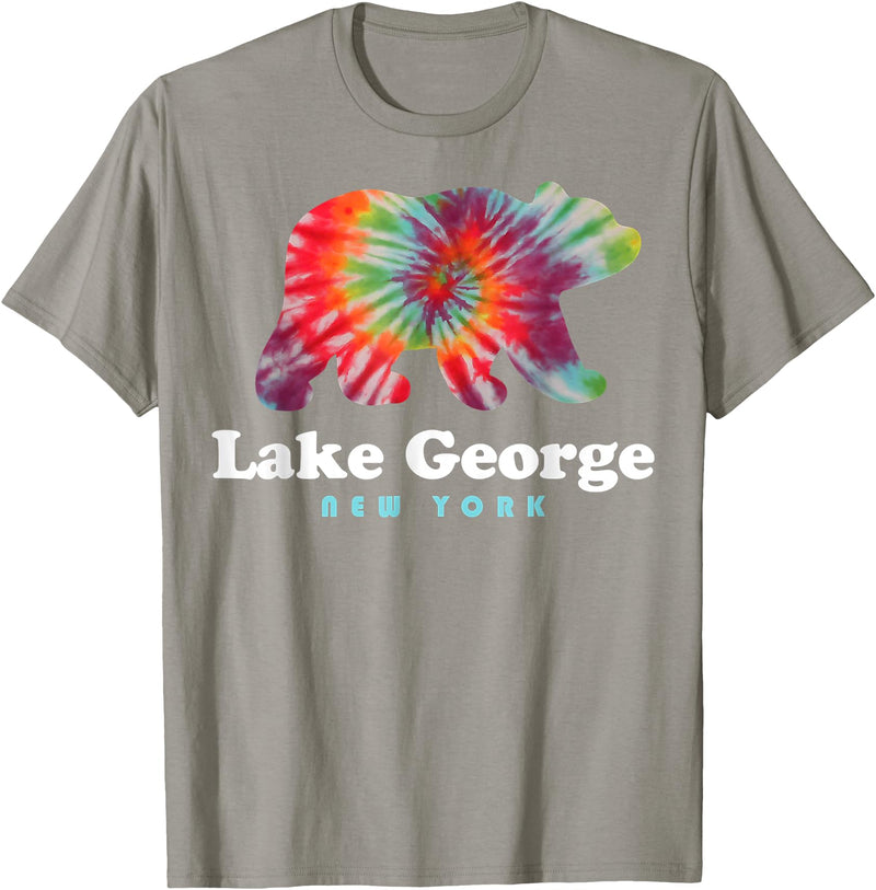 Lake George NY Bear Tie Dye New York Vacation T-Shirt - Slate Grey