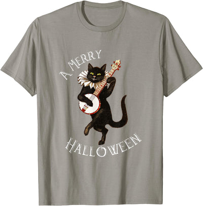 Vintage Halloween Retro Fun from Petes Treasures Vintage Black Cat Merry Halloween Not Scary Mens Womens T-Shirt