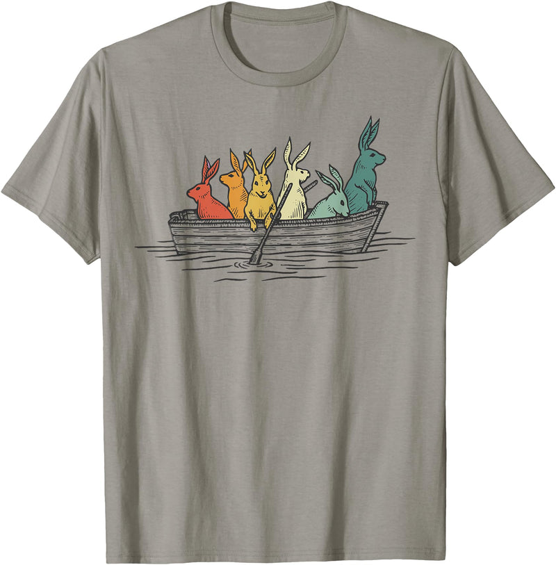 Pretty Rabbits in Retro Colors in a Boat - Bunny Rabbit T-Shirt in Slate Grey