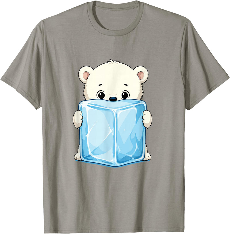 Cute Arctic Polar Bear With Ice Cube Kawaii Baby Polar Bear Holding Ice Cube Cartoon T-Shirt - Slate Grey