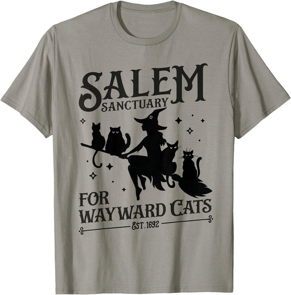 Funny Halloween Black Cat Attire Funny Salem Sanctuary Home For Wayward Cats Halloween Witch T-Shirt - Slate Grey