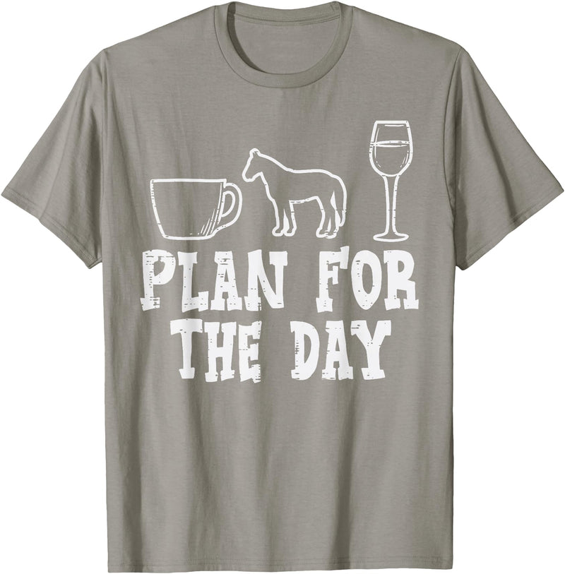 Horse Riding Shirts Women Girls Equestrian Gifts Plan For The Day Coffee Horse Wine Funny Horse Riding T-Shirt - Slate Grey