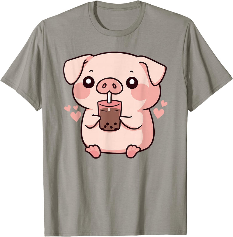 Bubbly Piglets Collection Cute kawaii cartoon pig drinking bubble tea T-Shirt - Slate Grey
