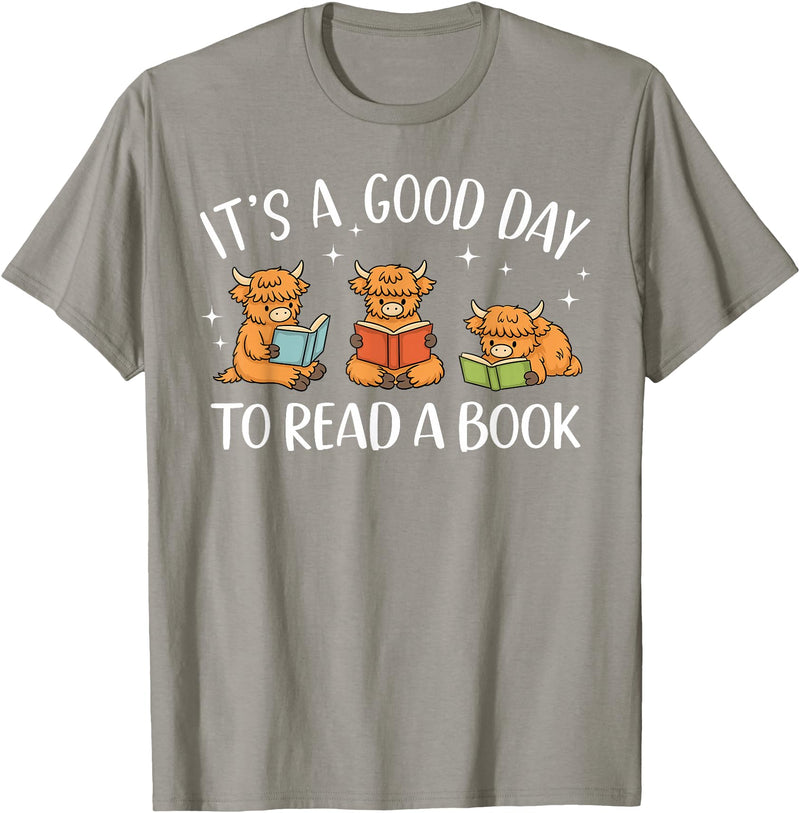 Cute Highland Cow Reading Book Lover It's A Good Day to Read A Book Highland Cow Bookworm T-Shirt - Slate Grey