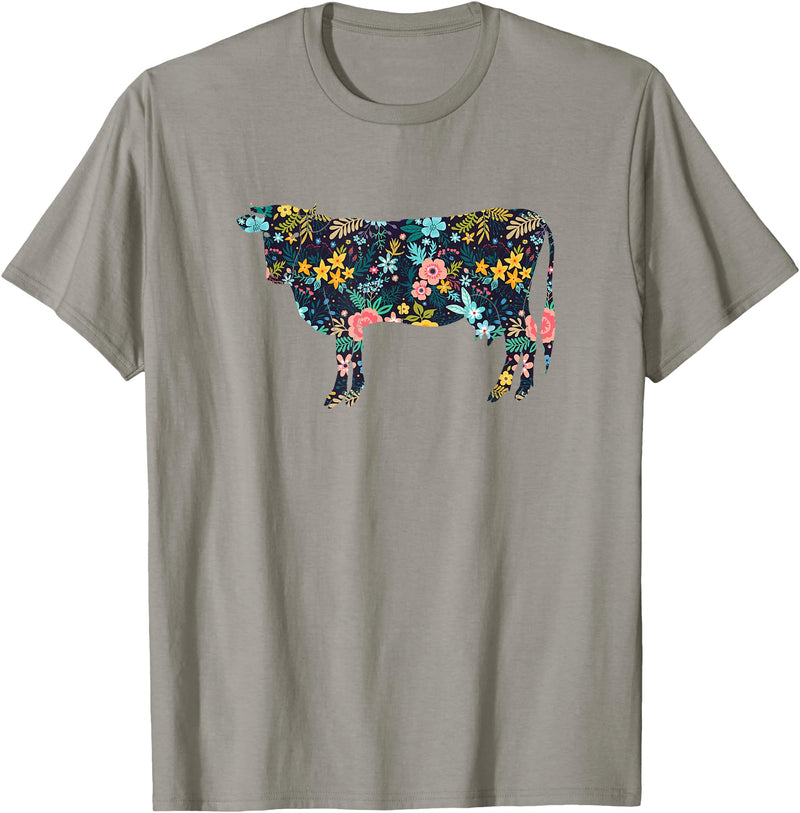 Cow Floral Silhouette Cattle Farm Lover Floral Cow Silhouette Womens Girls Cow Farm Animal T-Shirt - Slate Grey