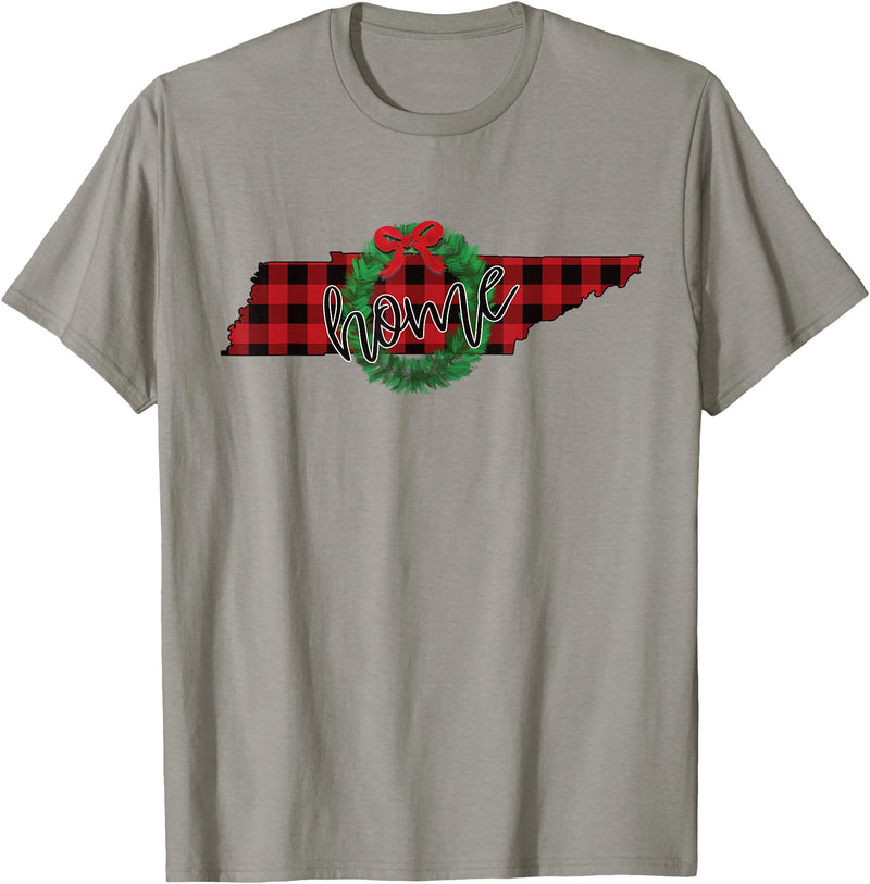 USA State Tennessee Christmas Buffalo Plaid Tennessee Buffalo Plaid Christmas Home Wreath Retro T-Shirt - Slate Grey