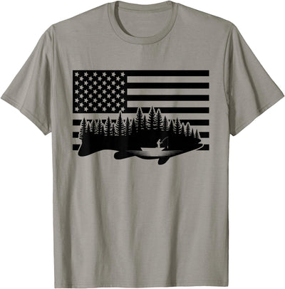American Flag Fishing T-Shirt - Grey, Small, Unisex, Short Sleeve, Crew Neck, Classic Fit, Polyester 100%, Imported, Fishing Enthusiasts