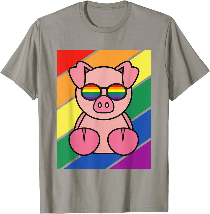 LGBTQ Flag Gay Pride Month Rainbow Pig With LGBT Glasses T-Shirt - Slate Grey