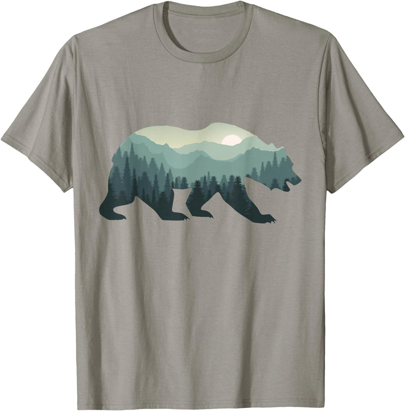 Outdoors Gift Ideas Camping Stuff Men Graphic Tees Misty Forest Bear Silhouette Wildlife Nature Lover T-Shirt - Slate Grey