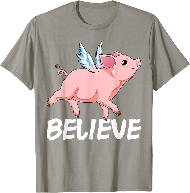 GoshWow Flying Pig Believe Pigs Fly Believe Idiom Motivational T-Shirt - Slate Grey